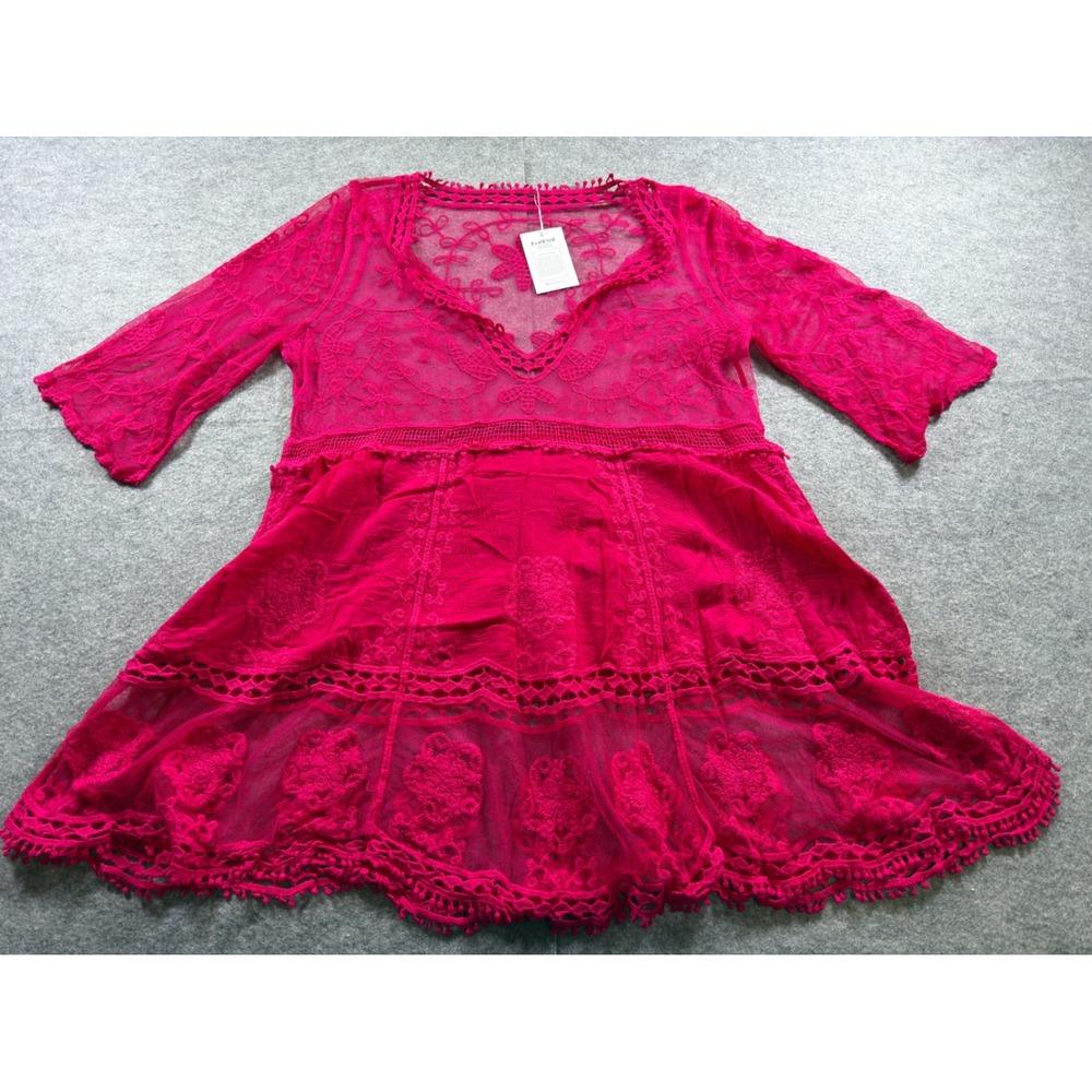 Eomenie Lace Bathing Suit Cover Up Women OS Hot Pink Plunging V Neck Beach Dress - Picture 2 of 12